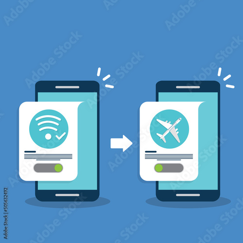 Airplane mode switched on. Air plane smartphone notice. Flat style vector illustration 