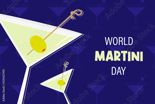 World Martini Day vector cartoon greeting card, illustration with couple of martini cocktail glasses with olive as a garnish. June 19.
