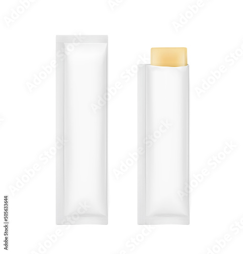 Realistic three seal stick pack for products of the cosmetic industry on white background. Possibility use for granulated, powder and liquid products. Vector illustration.