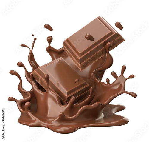 dark chocolate bar icon with chocolate cream splashing, 3d illustration.