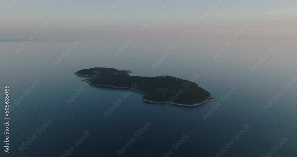Aerial 5K Drone Flyover Lokrum Island And Calm Ocean At Dusk In Croatia Aerial 5K Drone Flyover Lokrum Island And Calm Ocean At Dusk In Croatia