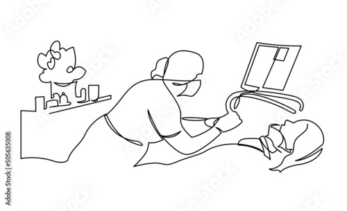 Female nurse taking care to illness patient on medical bed clinic minimalist continuous line vector