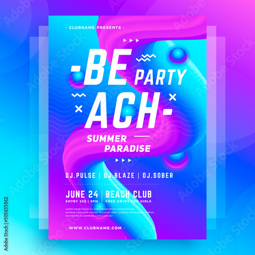 Vivid pink blue neon fluorescent summer beach poster futuristic decorative design template vector illustration. Abstract geometric placard dynamic wave flow disco night club event invitation mockup