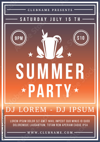 Summer disco clubbing night party poster template dark vibrant gradient decorative design vector flat illustration. Holiday cocktail refreshing drink beverage tropical nightclub entertainment placard