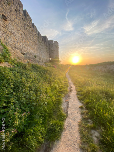 Forteresse de la cité médiéval de Carcassonne au coucher de soleil, Occitanie