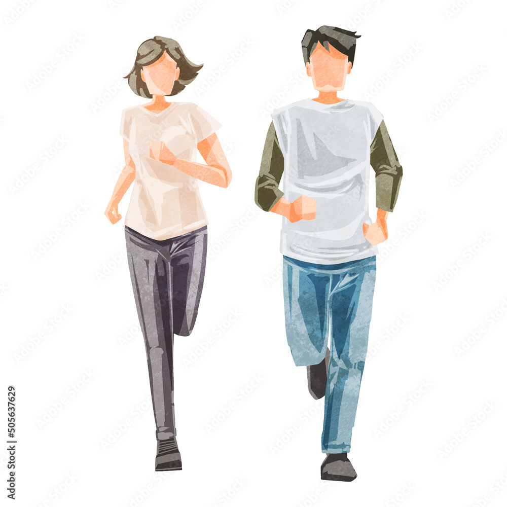 Φωτογραφία ランニングするカップルの手描き水彩風イラスト