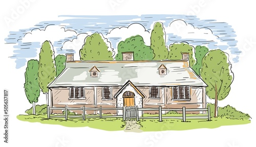 village houses and farmland. color sketch drawn by hand