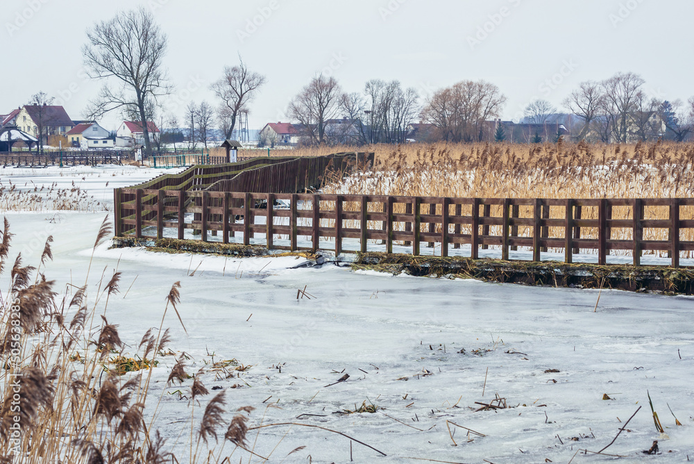 Winter view of bridge over channels of River Narew in Waniewo village, Podlasie region, Poland