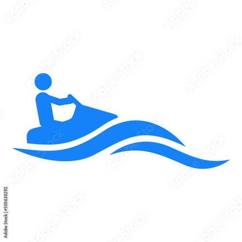 Beach holidays. Logo jet ski. Oceáno con olas y silueta de hombre en moto de agua en color azul