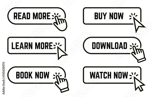 Read more, learn more, book now, buy now button set. Modern collection for web site. Click here, apply, buttons hand pointer clicking. Web design elements. Vector illustration