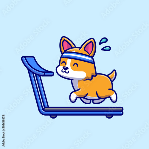 Happy Corgi Running On The Treadmill Cartoon Vector Icon Illustration. Animal Sport Icon Concept Isolated Premium Vector. Flat Cartoon Style