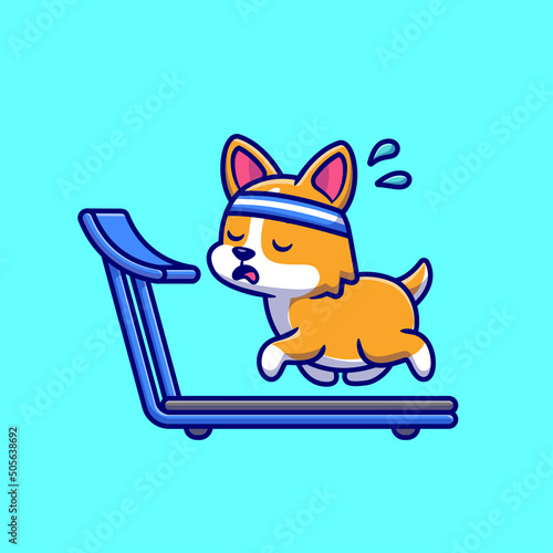 Exhausted Corgi Running On The Treadmill Cartoon Vector Icon Illustration. Animal Sport Icon Concept Isolated Premium Vector. Flat Cartoon Style