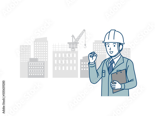 ガッツポーズをする　現場監督　建築士　男性　笑顔