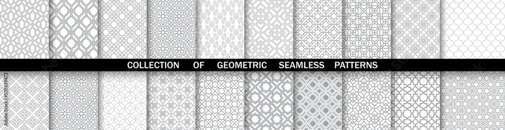 Geometric collection of gray and white patterns. Seamless vector backgrounds. Simple graphics. - obrazy, fototapety, plakaty 