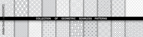 Geometric collection of gray and white patterns. Seamless vector backgrounds. Simple graphics.