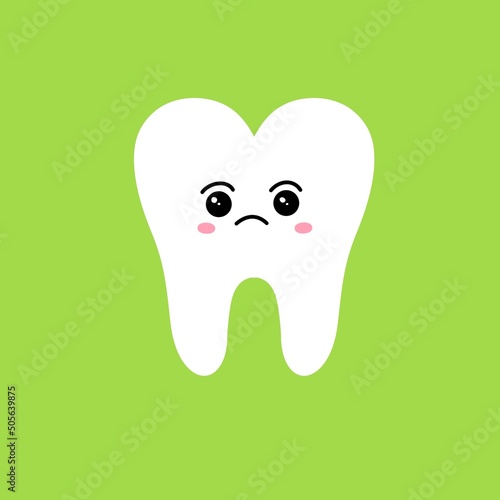 Kawaii. Sad tooth emoticon. Illustration on a green background