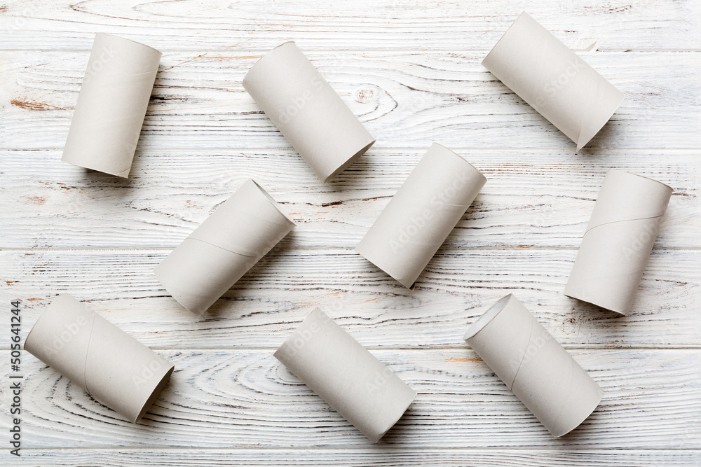 Empty toilet paper roll on colored background. Recyclable paper tube with metal plug end made of kraft paper or cardboard Empty toilet paper roll on colored background. Recyclable paper tube with metal plug end made of kraft paper or cardboard