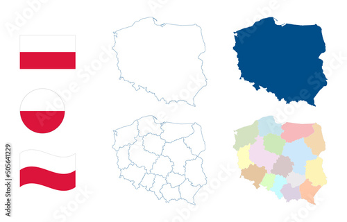 Poland map. Detailed blue outline and silhouette. Administrative divisions and provinces or states. Country flag. Set of vector maps. All isolated on white background. Template for design photo