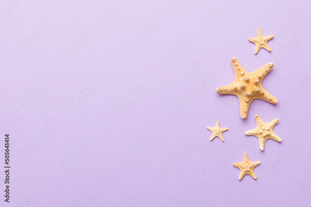Summer time concept Flat lay composition with beautiful starfish and sea shells on colored table, top view with copy space for text Summer time concept Flat lay composition with beautiful starfish and sea shells on colored table, top view with copy space for text