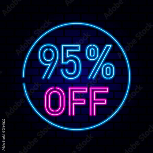 95 percent SALE glowing neon lamp sign. Vector illustration.