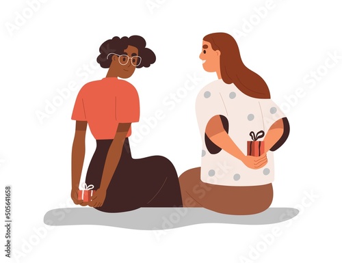 Women friends exchanging gifts. Happy girls couple hiding presents, prepared surprises behind backs. Young girlfriends with holiday giftboxes. Flat vector illustration isolated on white background