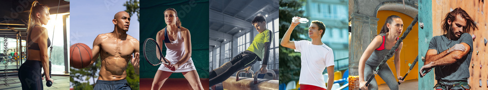 Φωτογραφία Collage about fit young women and men, professional athletes and amateur training, running outdoors