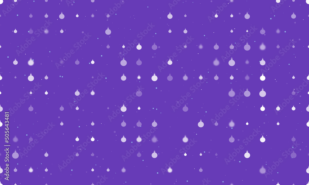Seamless background pattern of evenly spaced white Christmas tree toys of different sizes and opacity. Vector illustration on deep purple background with stars