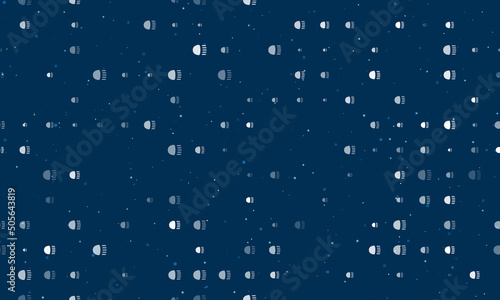 Seamless background pattern of evenly spaced white headlight symbols of different sizes and opacity. Vector illustration on dark blue background with stars