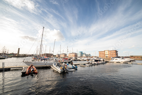 Hartlepool/UK - October 2019: Hartlepool marina yachts moored on a sunny day with beautiful clouds photo