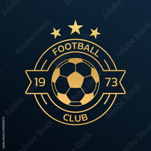 Football logo. Soccer club or team emblem, badge, icon design with a ball. Sport tournament, league, championship label. Vector illustration.