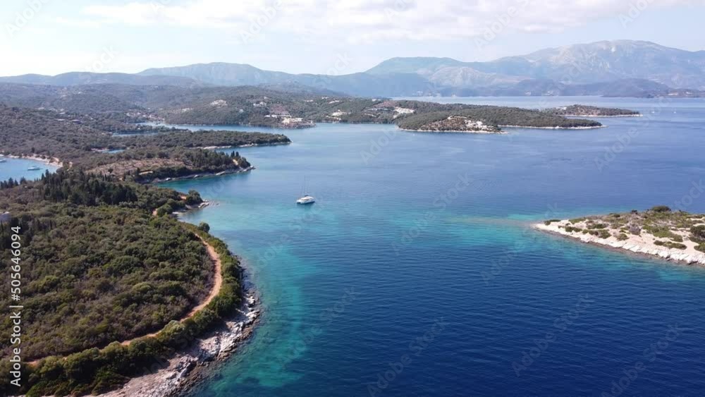 Luxury Yacht Sails at Meganisi Islands near Nidri, Lefkada, Greece - Aerial Luxury Yacht Sails at Meganisi Islands near Nidri, Lefkada, Greece - Aerial