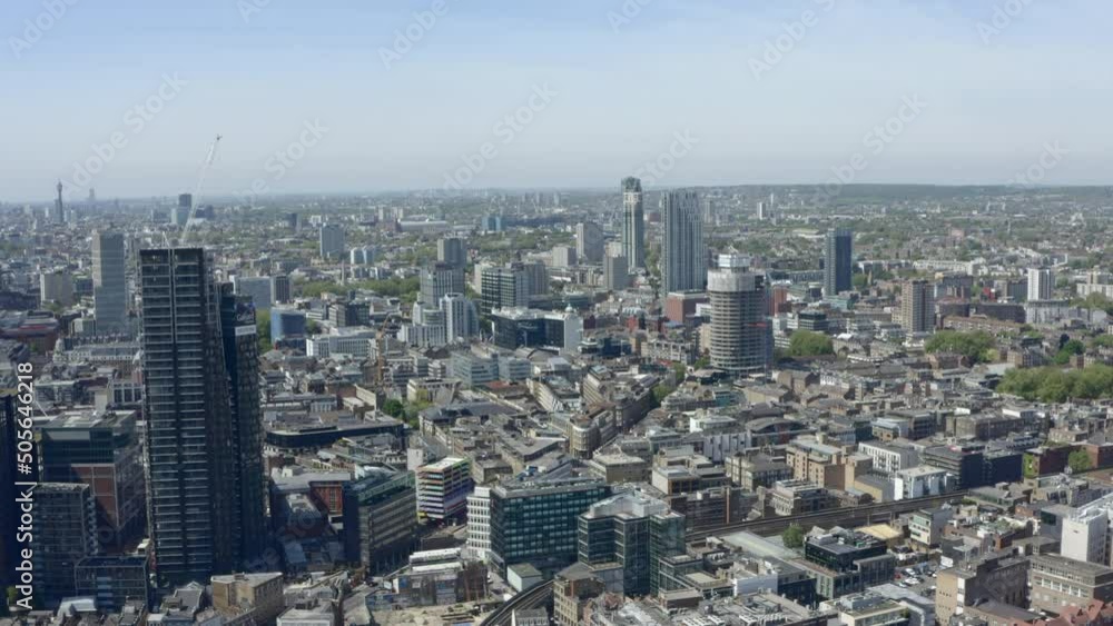 Establishing drone shot over shoreditch towards old street roundabout Establishing drone shot over shoreditch towards old street roundabout
