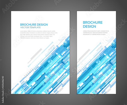 Blue hi tech digital flow diagonal dynamic movement geometric shape booklet cover brochure realistic template set vector illustration. Cyberspace technology stream futuristic decorative design mockup