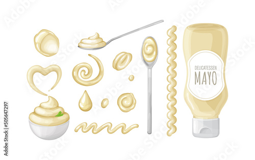 Mayonnaise spots,splashes with spoon, bottle and bowl set from top, side view.