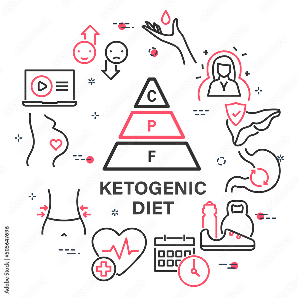 Fototapeta premium Ketogenic diet circular banner with linear icons. Vector outline pictograms in round frame