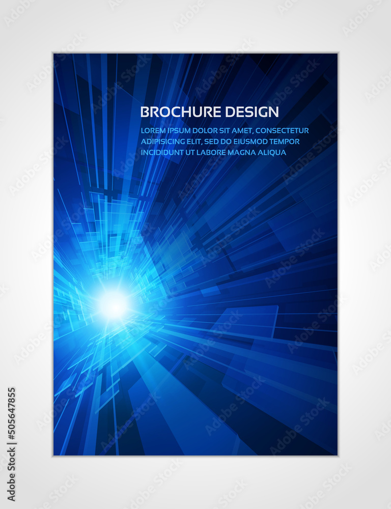Fototapeta premium Illuminated blue hi tech tunnel perspective glow star explosion brochure design template realistic vector illustration. Glossy abstract geometric texture dynamic flow innovation matrix poster