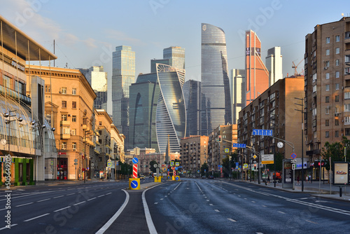 Bolshaya Dorogomilovskaya Street in the morning. Moscow International Business Center (MIBC) in the background. Moscow, Russia.