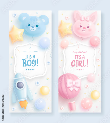 Set of baby shower vertical banner with cartoon bear, bunny, hot air balloon, rocket and balloons on light background. It's a boy. It's a girl. Vector illustration