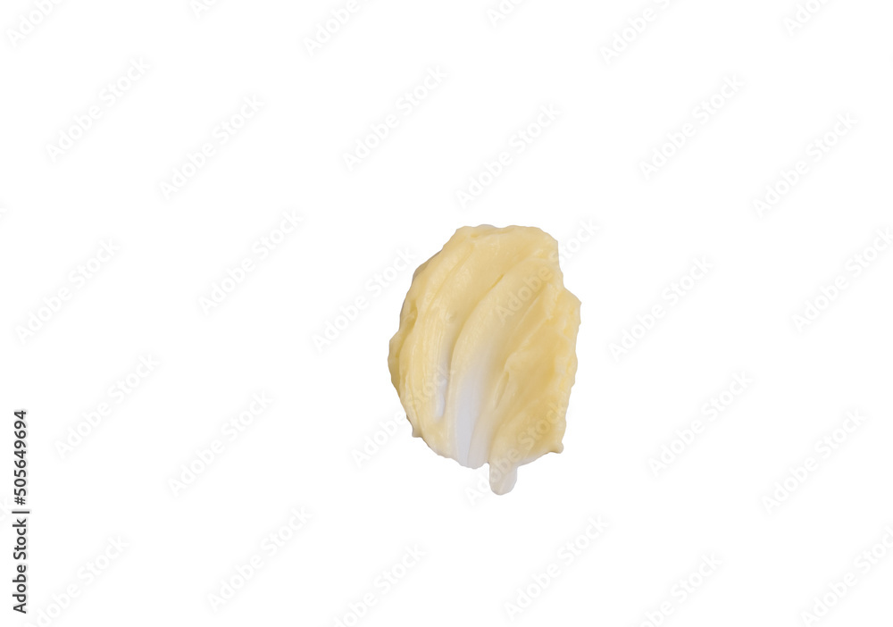 Cosmetic products creamy yellow stain texture on a white background. The texture of natural cosmetics hair mask, cream, scrub