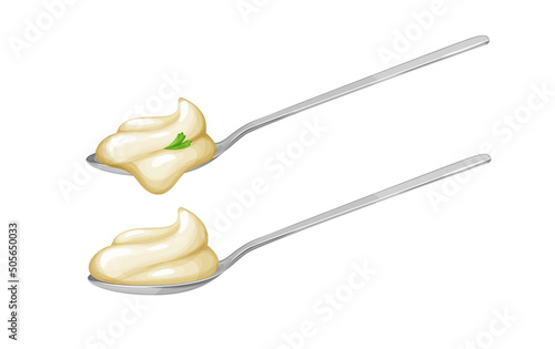 Spoons with mayonnaise sauce side view.Vector illustration in realistic style