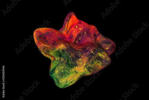 Abstract holographic gradient liquid drop object illustration with natural grunge effect overlay