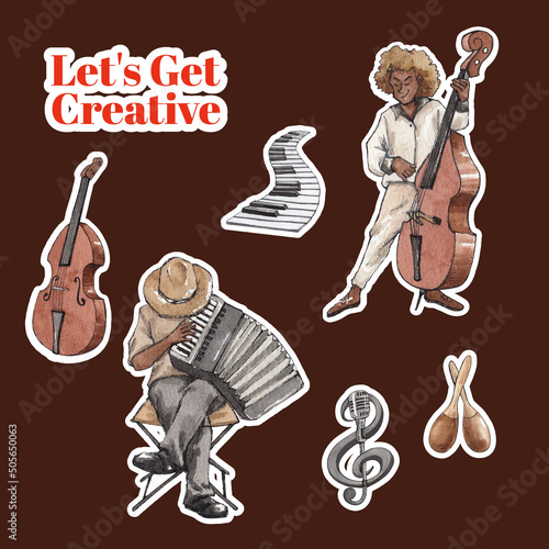 Sticker template with diverse music on street concept,watercolor style