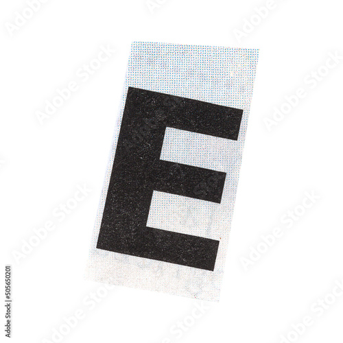 letter e magazine cut out font, ransom letter, isolated collage elements for text alphabet. hand made and cut, high quality scan. halftone pattern and texture detail. newspaper and scraps