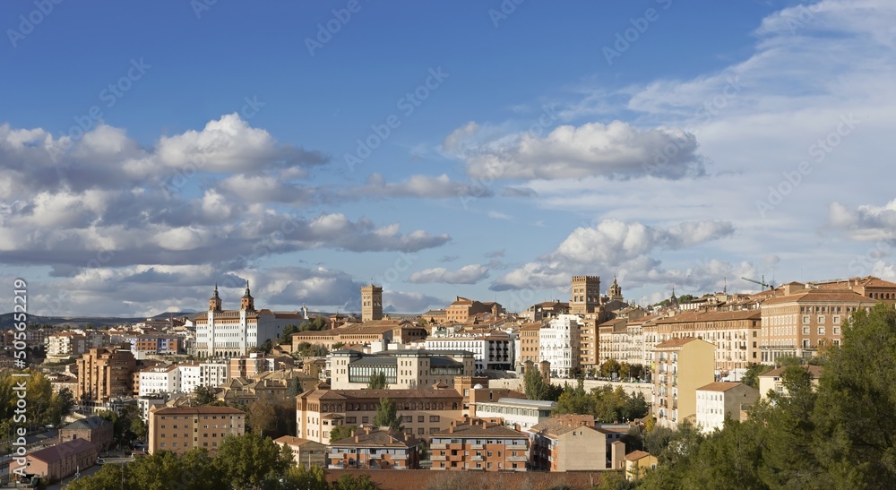 panoramic view of the monumental city of Teruel with the cloudy sky at sunset