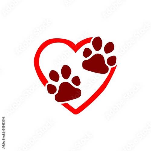 Love paw print with a heart symbol. Cat or dog paw print icon isolated on white