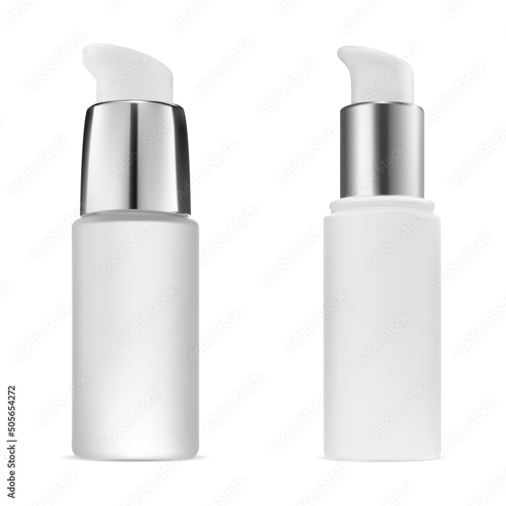 Cosmetic serum pump bottle. Glass container mockup for skin foundation. Mini dispenser jar template with airless pump. Face cream product dispenser with dropper, foundation texture Cosmetic serum pump bottle. Glass container mockup for skin foundation. Mini dispenser jar template with airless pump. Face cream product dispenser with dropper, foundation texture
