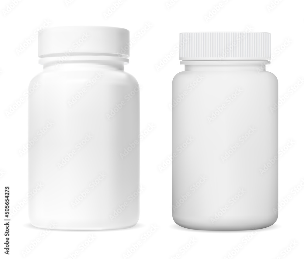 White supplement vitamin bottle, medicine pill jar mockup. Small pharmacy tablet can template, antibiotic capsule prescription drug bottle. Pharmaceutical medicament illustration White supplement vitamin bottle, medicine pill jar mockup. Small pharmacy tablet can template, antibiotic capsule prescription drug bottle. Pharmaceutical medicament illustration