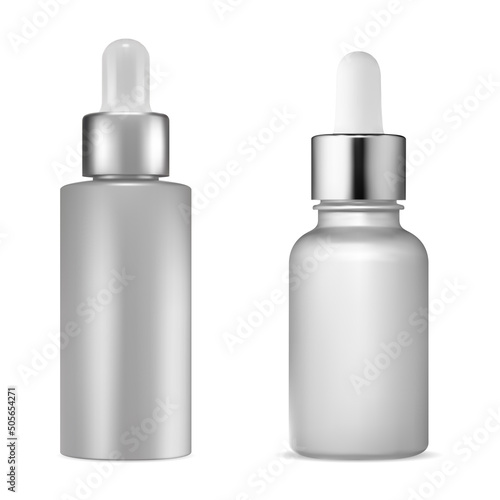 Dropper bottle mockup. Cosmetic serum vial, vector. Aroma oil flask with eyedropper, clear mock up without label. Organic essential oil jar design, natural herbal treatment