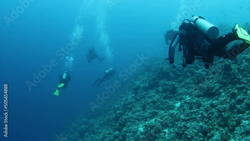 Group of scuba divers swimming between corals at coral reef. Diving instructor and group students in underwater exercise. Instructor teaches students. Underwater scuba diving education and training. photo