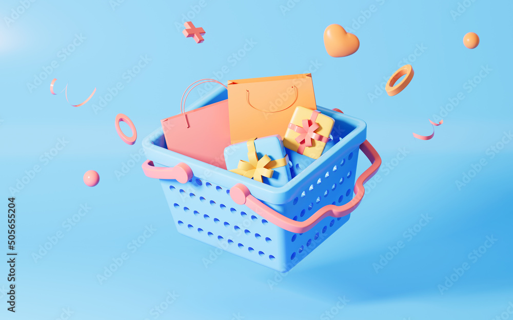 Shopping basket with gifts, 3d rendering. Shopping basket with gifts, 3d rendering.